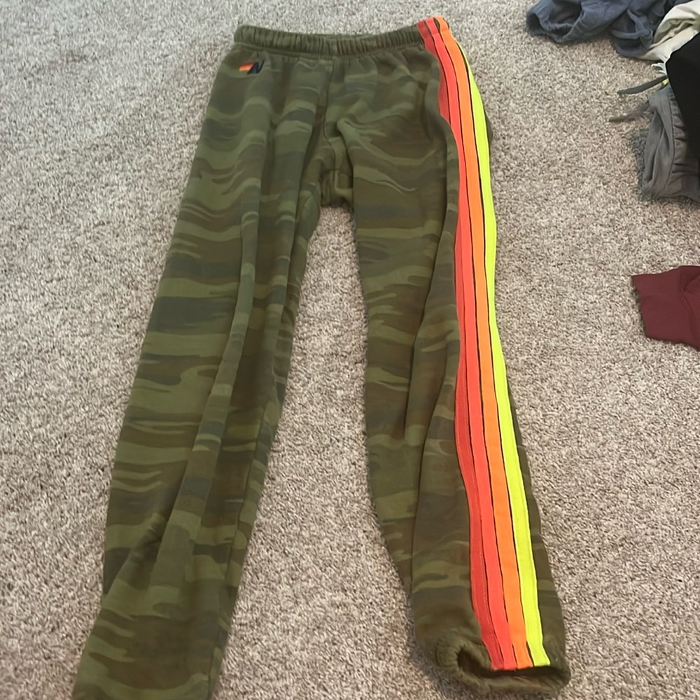Camouflage, neon stripes down one leg, aviator nation sweatpants
